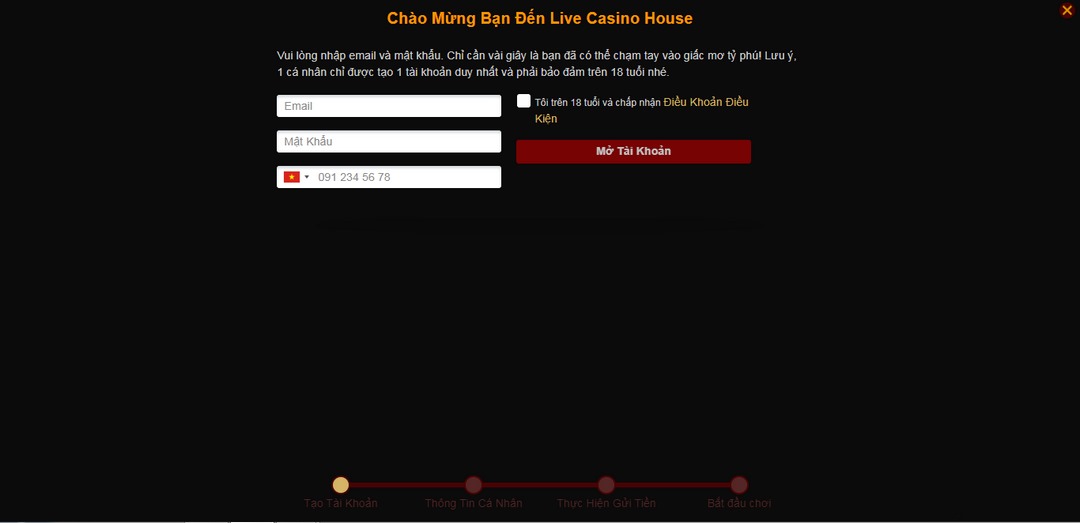 Trước khi muốn đăng nhập Live Casino House thì anh em cần đăng ký tài khoản